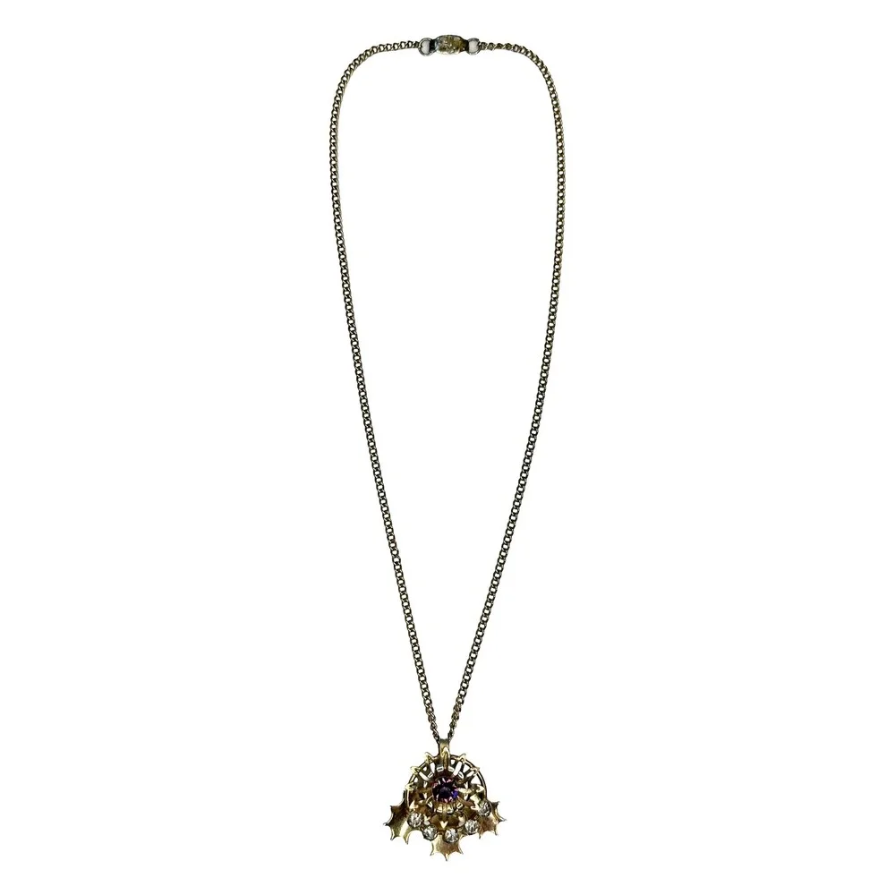 VINTAGE‎ Art Deco Style Starburst Pendant Necklace • amethyst, gold tone
